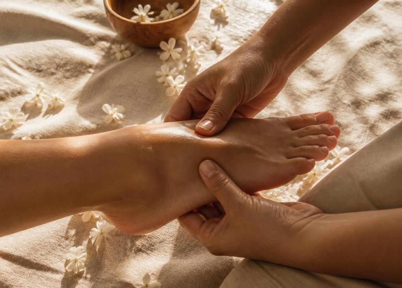Mãos aplicando pressão suave nos pés durante sessão de reflexologia